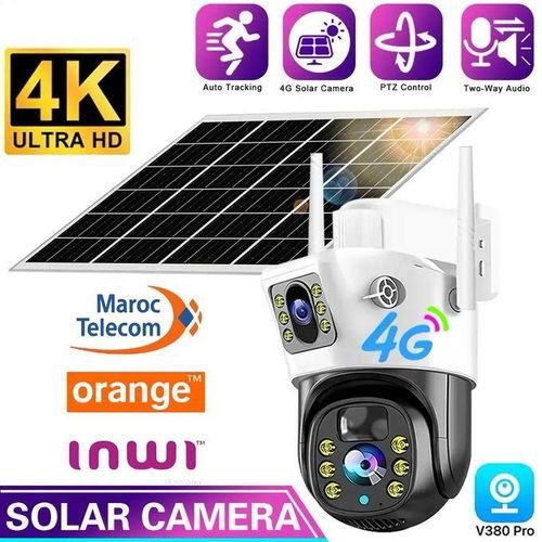 Caméra solaire 4G 8MP, double objectif, batterie extérieure, IP66, détection corporelle PIR, Protection de sécurité PTZ