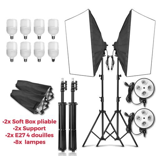 Puluz 2 Softbox 50x70cm ,8 lampes, 2 Tripied 200cm,