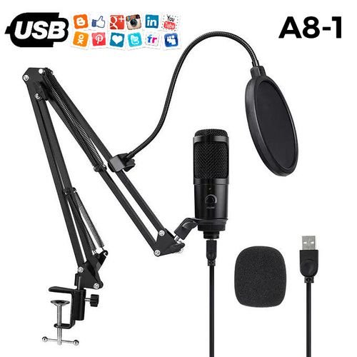 Microphone à condensateur USB, avec support, pour ordinateur