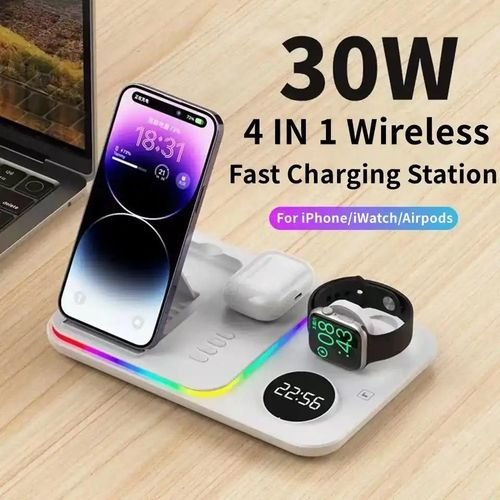 5 en 1 Chargeur sans fil 30W charge rapide avec affichage de l'heure