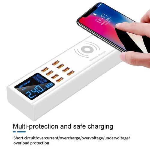 Sunshine شاحن ذكي USB ذو 8 منافذ مع شحن لاسلكي وشاشة LED