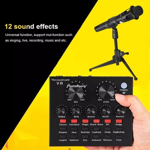Microphone condensateur filaire avec carte son en direct, appareil à changeur de voix, mélangeur Audio