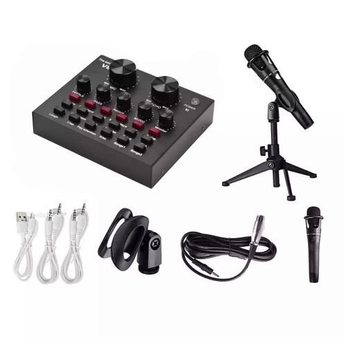 Microphone condensateur filaire avec carte son en direct, appareil à changeur de voix, mélangeur Audio