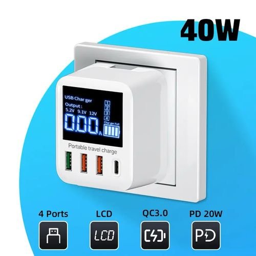 Chargeur mural USB 40W, 4 ports avec affichage LED QC3.0 PD3.0, charge rapide