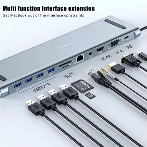Station d'accueil Type C 11-en-1, USB C Hub 3.0 séparateur Multiport 4K HDMI RJ45 SD/TF VGA HDMI PD