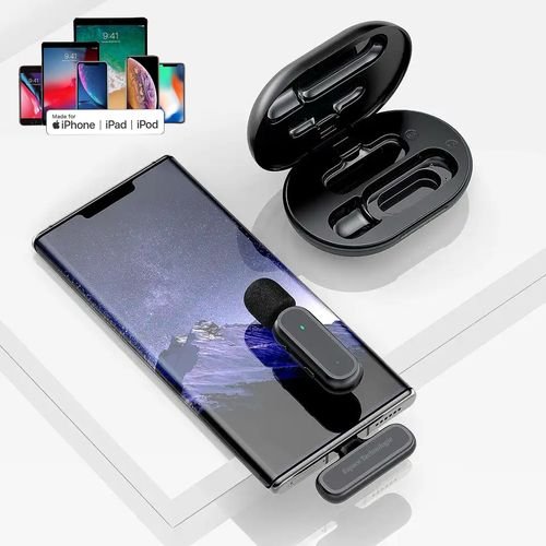 Microphone cravate pour iPhone sans fil à réduction de bruit avec baie de charge