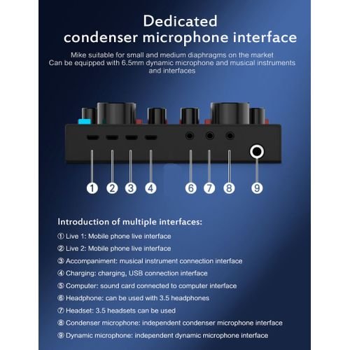 Live Sound Card, Voice changer device, Mini Sound Mixer Board, Portable Sound Mixer Multiple Sound Effect for Mobile Phone