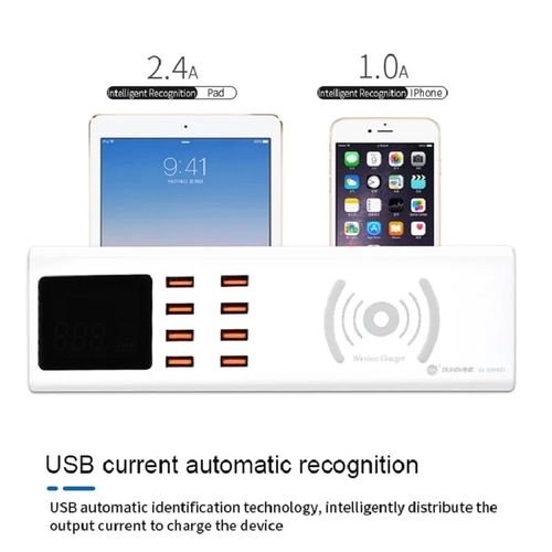 Sunshine شاحن ذكي USB ذو 8 منافذ مع شحن لاسلكي وشاشة LED