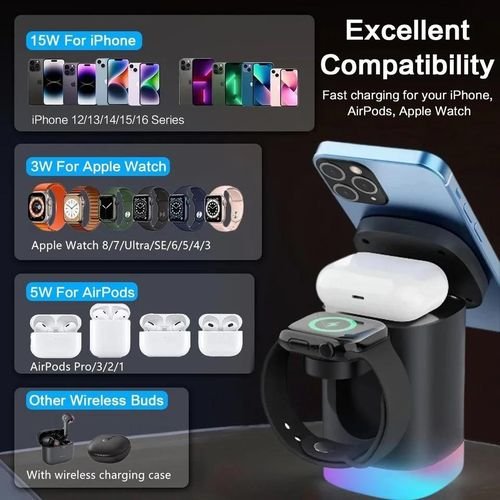 Chargeur magnétique sans fil avec lumière RGB pour iOS Android AirPods iWatch