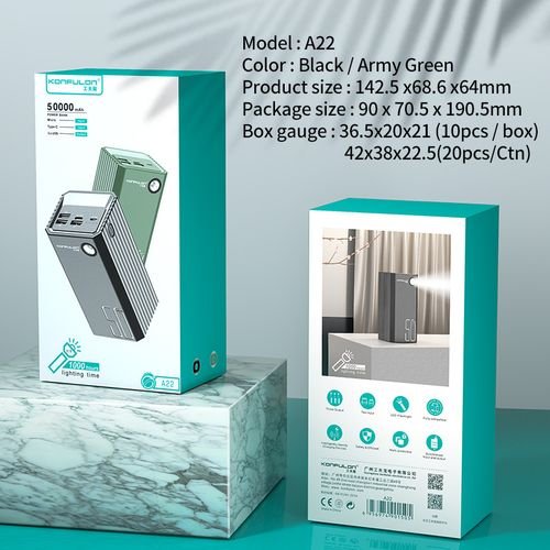 Konfulon 50000 mAh Power Station Fast Power Bank 3 USB Output Mobile