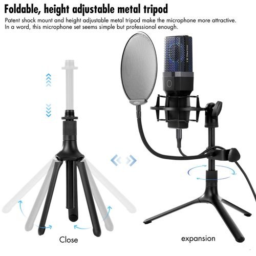 Yanmai Microphone d'ordinateur à condensateur cardioïde USB, support de trépied, filtre anti-pop, montage antichoc, bouton muet, jeux, streaming
