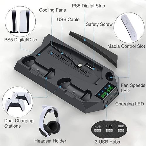 Support multifonctionnel universel PS5, 2 manettes de jeu , ventilateur de refroidissement,