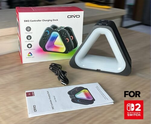 Station de charge RGB pour NINTENDO SWITCH 2, recharge jusqu’à 4 manettes en même temps avec éclairage LED réglable et design compact pour un setup gaming propre.