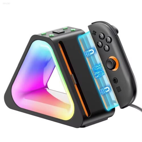 Station de charge RGB pour NINTENDO SWITCH 2, recharge jusqu’à 4 manettes en même temps avec éclairage LED réglable et design compact pour un setup gaming propre.