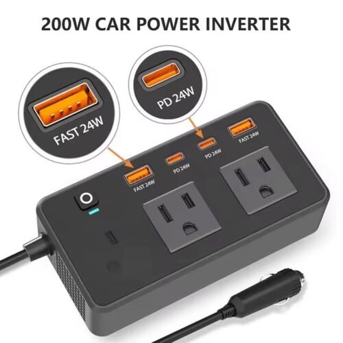 Onduleur de voiture 200W DC12V à AC220V Convertisseur d'alimentation avec x2 USB C-24W et x2USB A