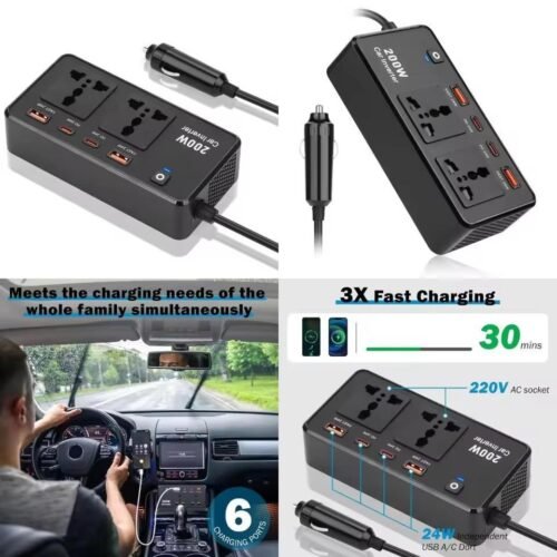 Onduleur de voiture 200W DC12V à AC220V Convertisseur d'alimentation avec x2 USB C-24W et x2USB A