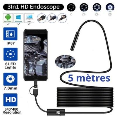 Caméra endoscopique 3 en 1, 7mm, IP67, étanche, boroscope 6 gibles, inspection pour Windows, Macbook, PC, Android,Type-C