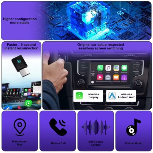 2 en 1 Adaptateur CarPlay et Android Auto sans fil pour téléphone universel
