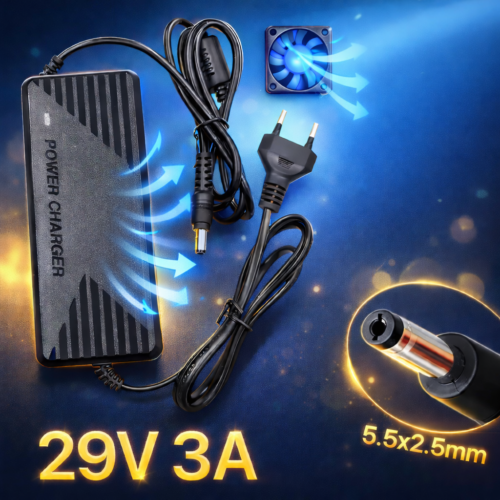 gvc.product.image_.1772830114275.5ea4cc23-35d7-428c-81a8-29650608b292.png Chargeur Universel 29V 3A – Connecteur 5.5x2.5mm – Compatible avec Batteries 24V / Trottinettes / Vélos Électriques – Avec Ventilateur de Refroidissement
