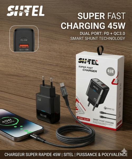 Chargeur Secteur Double Port SITEL 45W - Super Rapide PD 45W + QC3.0 18W Câble Type-C vers Type-C Inclus