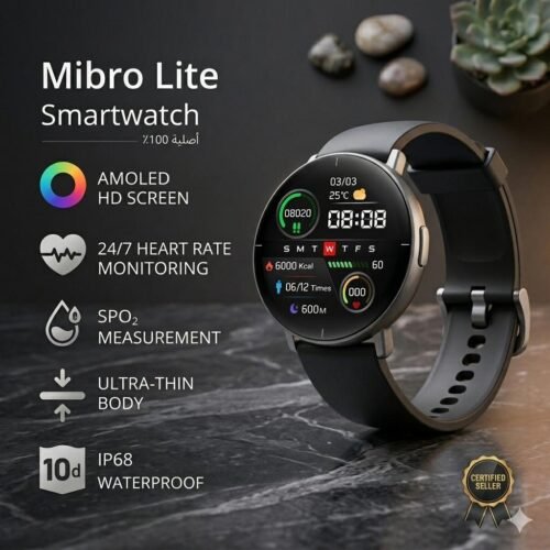 Montre Connectée MibroLite - Écran AMOLED HD, Design Ultra-Mince & Étanchéité IP68 - Noir