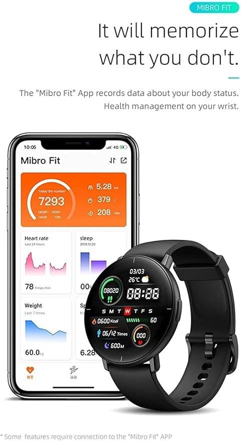Montre Connectée MibroLite - Écran AMOLED HD, Design Ultra-Mince & Étanchéité IP68 - Noir