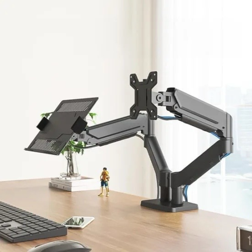 Support de Bureau Double Bras Articulé (2-en-1) pour Écran et Ordinateur Portable – Ergonomie Totale et Gain de Place.