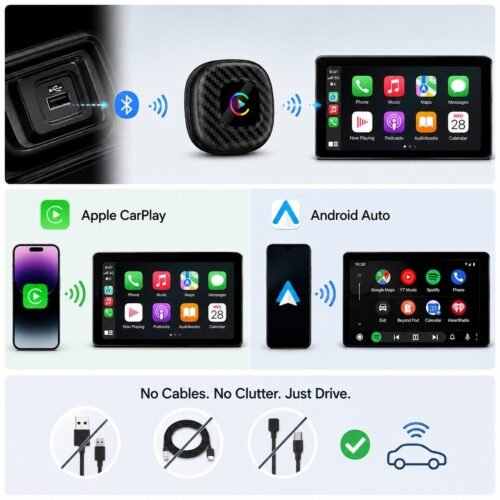 Adaptateur Sans Fil 2-en-1 CarPlay Android Auto Design Fibre de Carbone Plug & Play Passez du filaire au sans fil