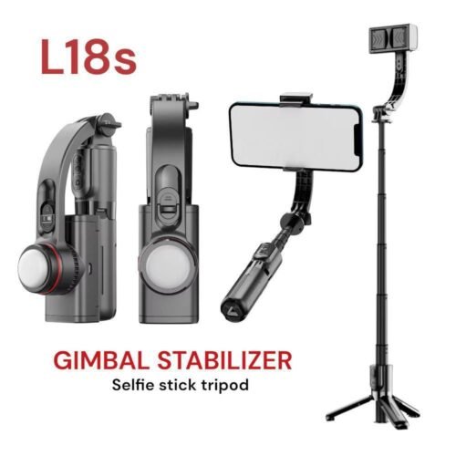 L18s mini, stabilisateur avec lumière intégrée, trépied, rotation AI et design aluminium pour des vidéos stables partout.
