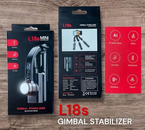 L18s mini, stabilisateur avec lumière intégrée, trépied, rotation AI et design aluminium pour des vidéos stables partout.