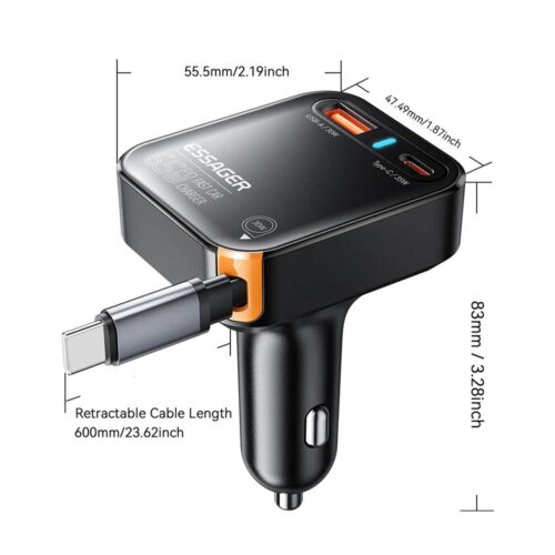 Chargeur Voiture Rapide 65W USB-A + USB-C avec Câble Rétractable Intégré