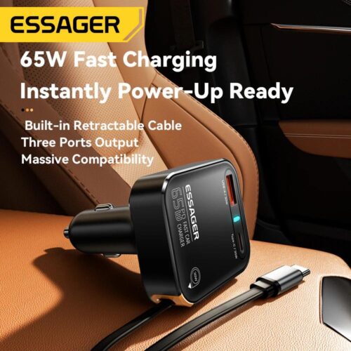 Chargeur Voiture Rapide 65W USB-A + USB-C avec Câble Rétractable Intégré
