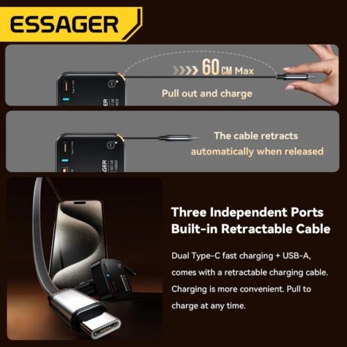 Chargeur Voiture Rapide 65W USB-A + USB-C avec Câble Rétractable Intégré