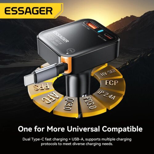 Chargeur Voiture Rapide 65W USB-A + USB-C avec Câble Rétractable Intégré