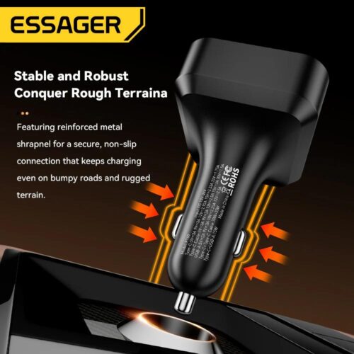 Chargeur Voiture Rapide 65W USB-A + USB-C avec Câble Rétractable Intégré