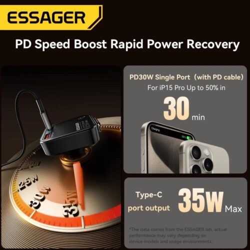Chargeur Voiture Rapide 65W USB-A + USB-C avec Câble Rétractable Intégré