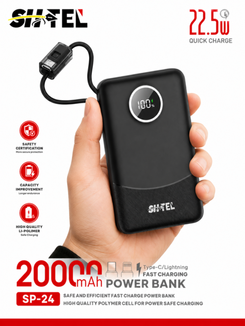 Power Bank 20000mAh Charge Rapide 22.5W avec 2 Câbles Intégrés et Double Port – SP-24
