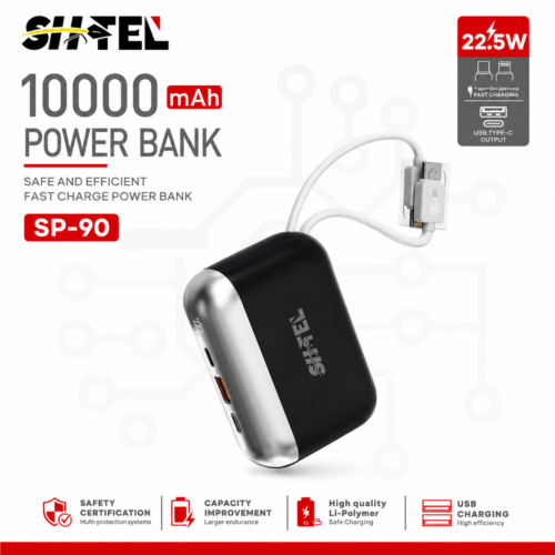 Power Bank 10000mAh 22.5W Charge Rapide avec 2 Câbles Intégrés sp-90 silver – Couleur Silver