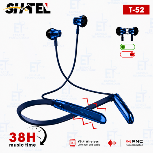 Écouteurs Tour de Cou T-52 blue Bluetooth 5.4 avec Réduction de Bruit ANC – 38H d’Autonomie