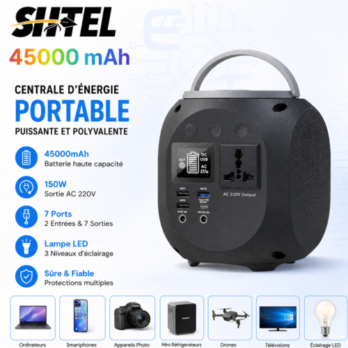 Power Bank Portable 45000mAh avec Sortie AC 220V, Charge Rapide PD 60W et Lampe LED