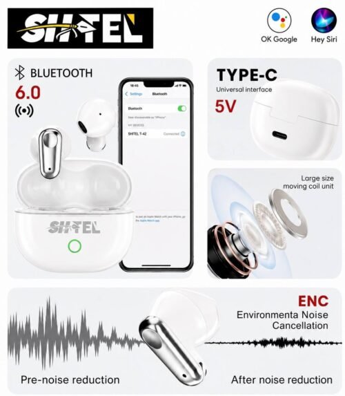 Écouteurs Sans Fil Bluetooth 6.0 – Son Immersif & Confort Toute la Journée - T-42 white