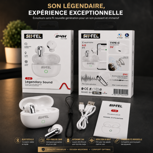 Écouteurs Sans Fil Bluetooth 6.0 – Son Immersif & Confort Toute la Journée - T-42 white