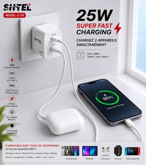 Chargeur Secteur 25W C-78 Charge Rapide USB-C + USB-A avec Câble Type-C