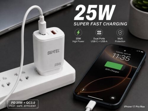 Chargeur Secteur 25W C-78 Charge Rapide USB-C + USB-A avec Câble Type-C