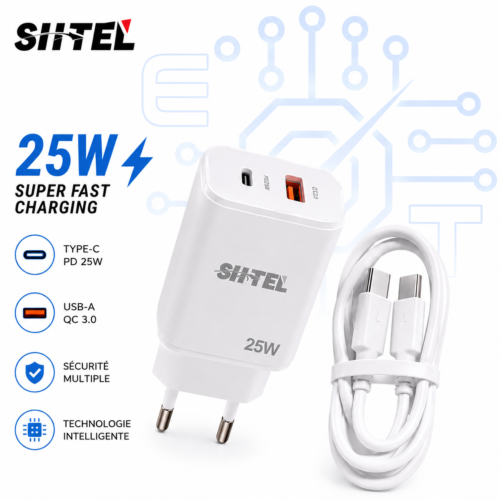 Chargeur Secteur 25W C-78 Charge Rapide USB-C + USB-A avec Câble Type-C
