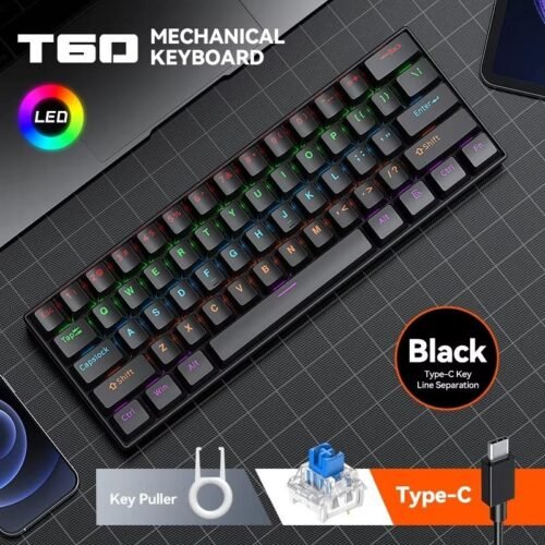 Clavier Mécanique Noir Compact 60% Rétroéclairé LED USB-C - Blue Switch
