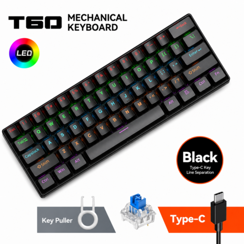 Clavier Mécanique Noir Compact 60% Rétroéclairé LED USB-C - Blue Switch