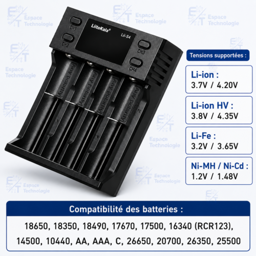 Chargeur Intelligent Universel 4 Emplacements pour Batteries Li-ion, Ni-MH et LiFePO4 avec Écran LCD