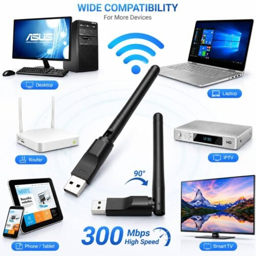 Adaptateur WiFi USB 300 Mbps 2.4 GHz avec Antenne Haute Sensibilité – Récepteur Sans Fil pour PC et Ordinateur Portable
