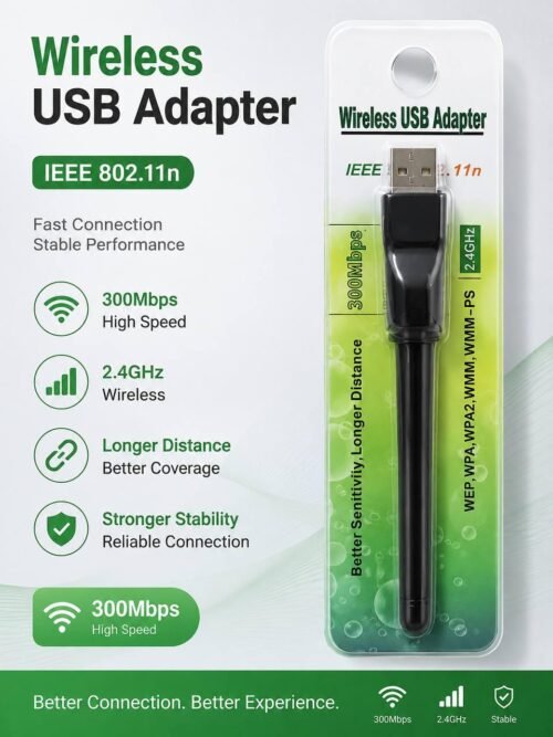 Adaptateur WiFi USB 300 Mbps 2.4 GHz avec Antenne Haute Sensibilité – Récepteur Sans Fil pour PC et Ordinateur Portable